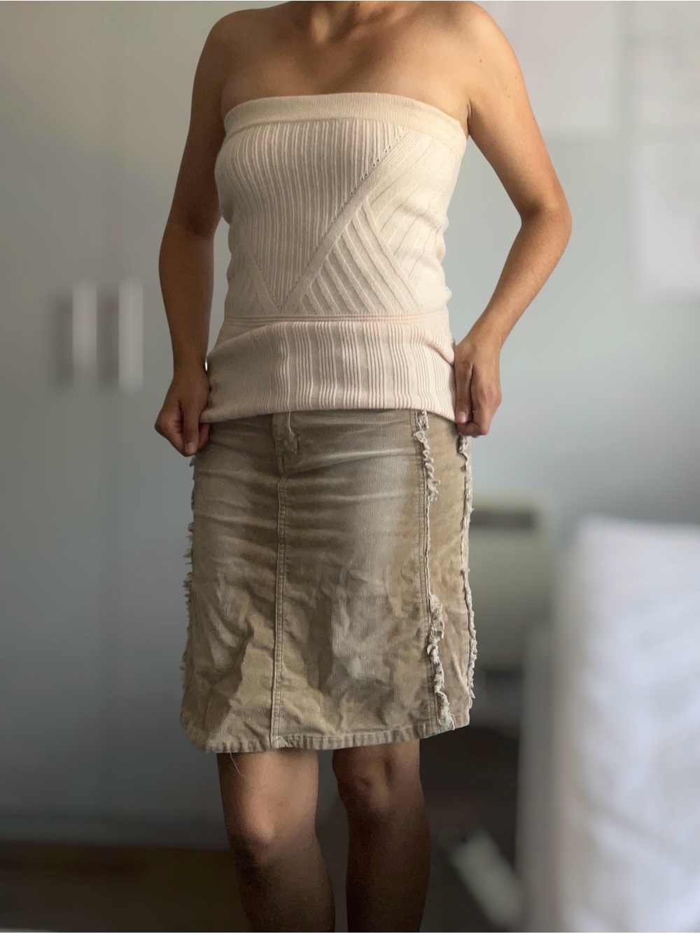 Women's Knee-Length Beige Distressed Denim Skirt